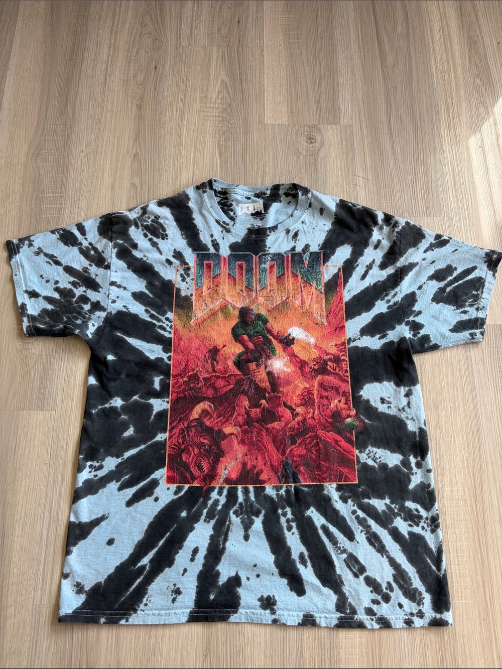 Vintage Doom Graphic Tie-Dye Short Sleeve Tee - Black & Light Blue